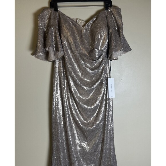 Calvin Klein Gold Sequin Off Shoulder Flutter Sleeve Gown Gathered Waist $298 - Picture 5 of 16